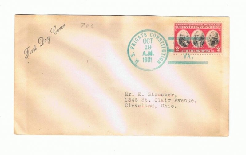 Scott #703 First Day Cover with a U.S. Frigate Consitution  blue cancellation