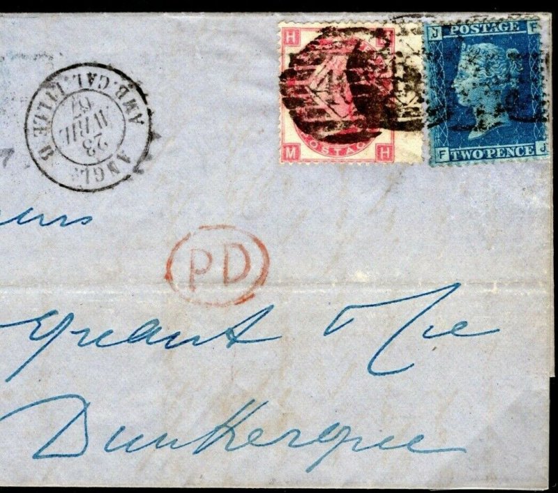 GB 2d BLUE Cover London 1867 CHANNEL PAQUEBOT FRANCE Dunkirk D165