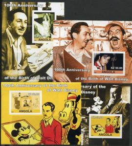 ANGOLA 100th ANNIVESARY OF BIRTH OF WALT DISNEY SET OF 16 IMPERFORATE S/S  MINT