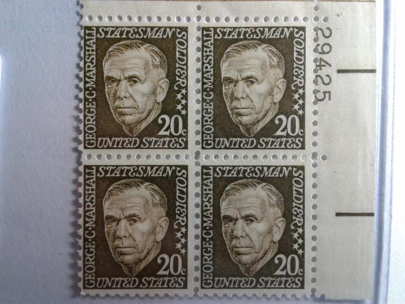 SCOTT # 1289  20 CENT GEN. GEORGE C. MARSHALL MINT NEVER HINGED PLATE BLOCK  GEM