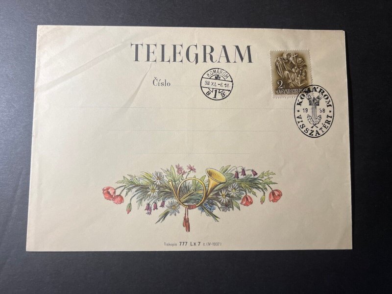 1938 Hungary Telegram Cover Komarom Visszatert Horn Plants Flowers Grass