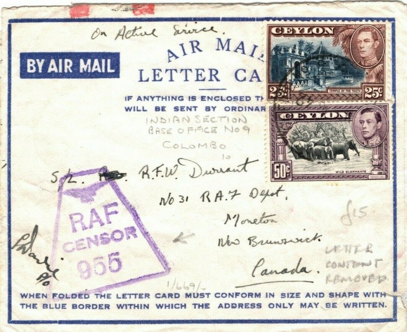 CEYLON WW2 Cover RAF CENSOR Indian Section No9 Canada New Brunswick 1942 LS134