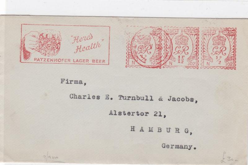 england to germany 1938  alcohol advertising slogan   stamps cover ref 12950