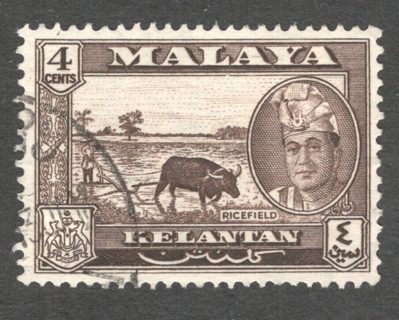 Malaya - Kelantan, Scott #86  VF, Used, 4cent dark brown, Rice Field ... 3250065