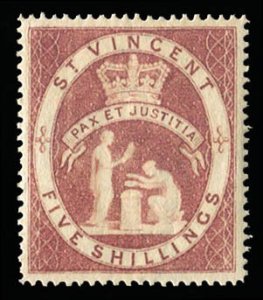 St. Vincent #54 Cat$32.50+ (for hinged), 1888 5sh carmine lake, never hinged