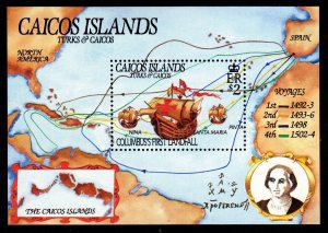 Caicos Islands - Mint Souvenir Sheet Scott #53 (Columbus, Ships, Map)
