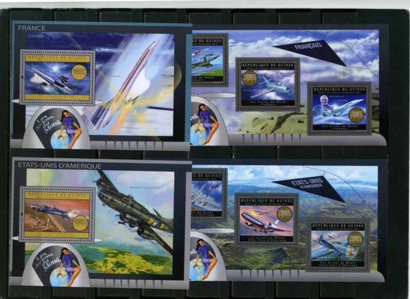 GUINEA 2012 USA & FRANCE MILITARY AVIATION 2 SHEETS OF 3 STAMPS & 2 S/S MNH