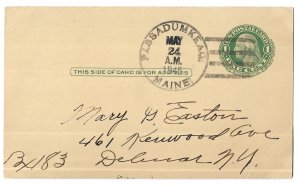 Passadumkeag, Maine to New York 1945 Reply Card Scott UY6r, purple handstamp