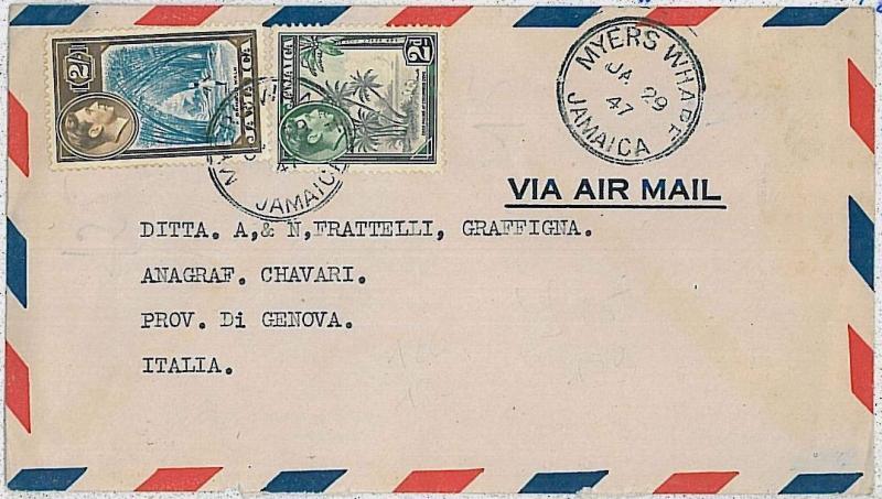 POSTAL HISTORY airmail cover -  JAMAICA 1947 : MYERS WHARF to ITALY