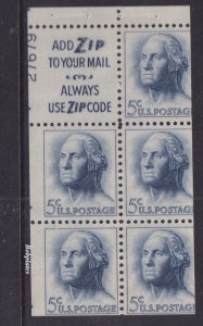 BOBPLATES #1213a Washington Booklet Pane Upper Left 27679 70% MintNH DCV=$50 *