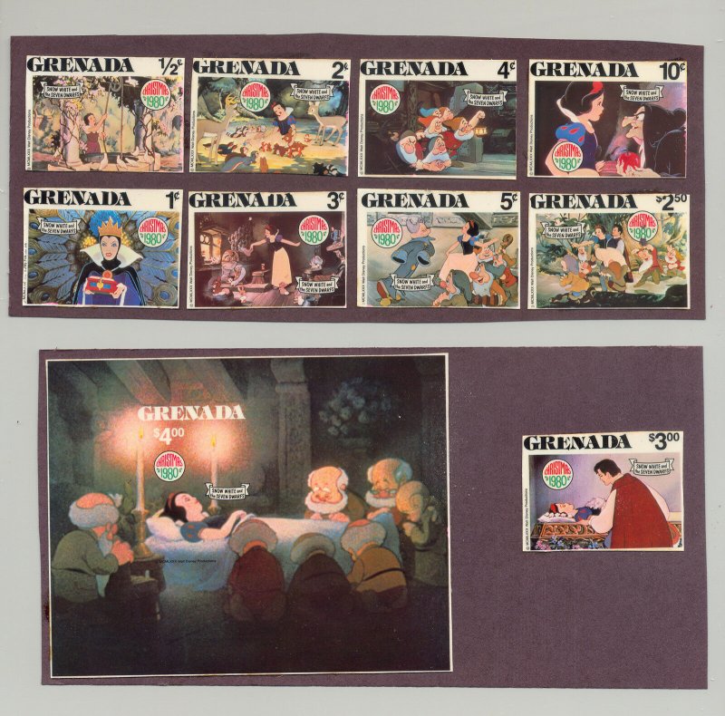 Grenada #1021-30 Christmas Disney Snow White 9v & 1v S/S Imperf Chromalin Proofs