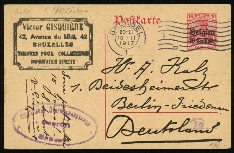 Belgium Occupation 1917 WWI Brussel Censored Card to Berlin Germany 10c Postage