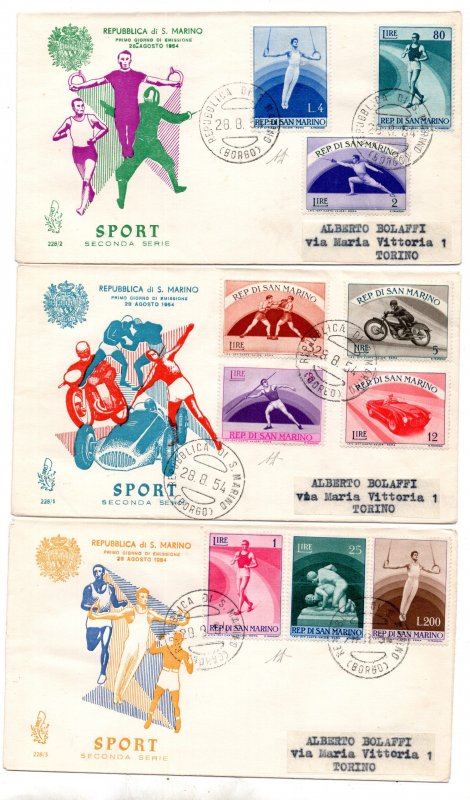 1954 Sport 2 n. 409/418 series on three FDC Venetia for Turin