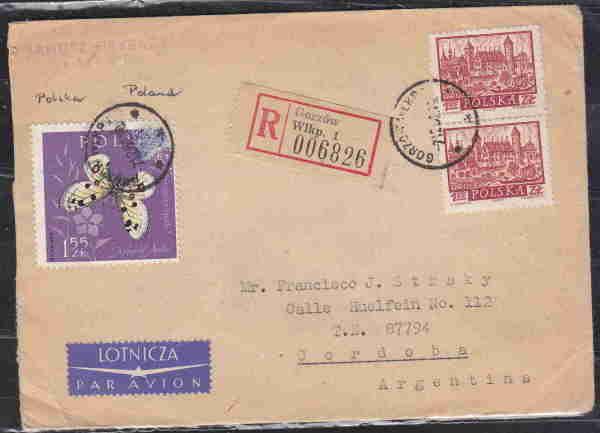 POLAND TO ARGENTINA REGISTERED COVER BUTTERFLY AAD7076