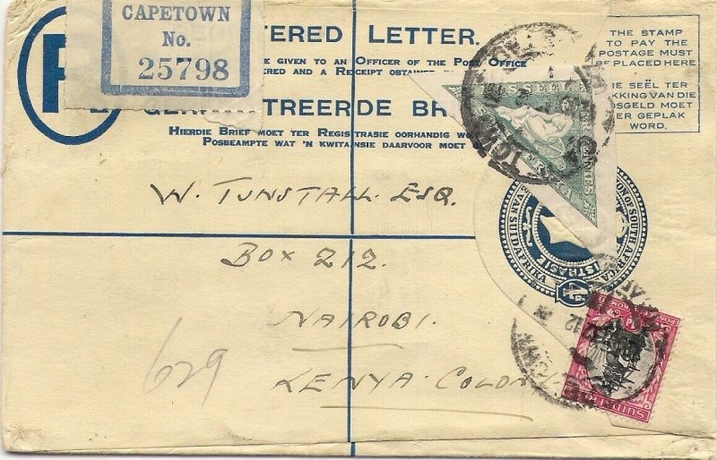 1932 South Africa 4d Registered Postal Stationery Envelope CAPETOWN to NAIROBI