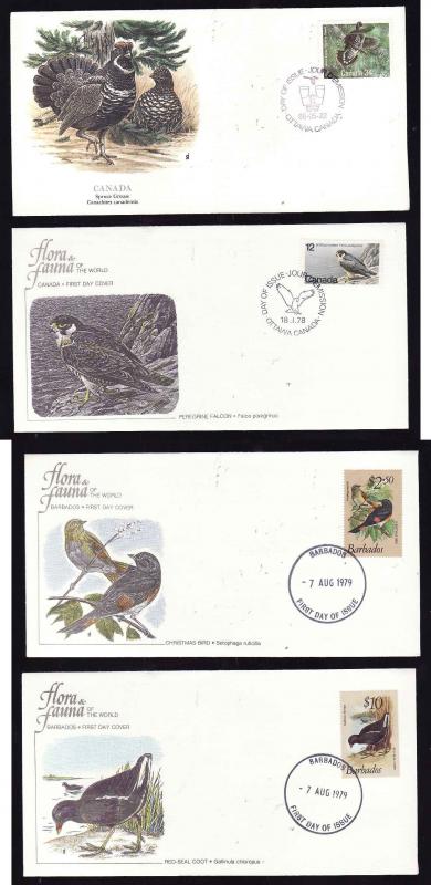 Flora & Fauna of the World #176-Birds-Falcon-Grouse-Coot-four different FDCs wit