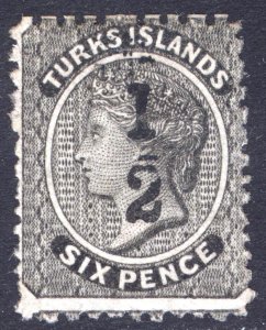 Turks Islands 1881 1/2 on 6d Blk Perf 11.5x11.5-12.5 Scott 7 SG 7 MLH Cat $100