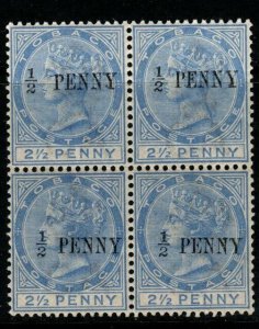 TOBAGO SG26/a 1885 ½d on 2½d SHOWING FIGURE FURTHER FROM WORD IN BLK 4 MTD MINT