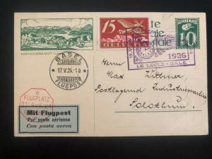 1926 Basel Switzerland First Flight Airmail Postcard cover to Solothurn Sc#C3