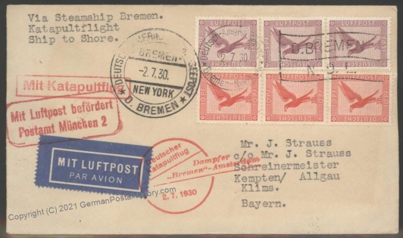 Germany 1930 Bremen Schleuderflug 2.7.1930 Catapult Cover Munich Airmail  103287