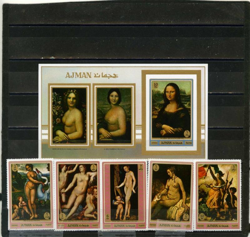 AJMAN 1970 Mi#552-556A,Bl.192B PAINTINGS NUDES SET OF 5 STAMPS & S/S MNH 