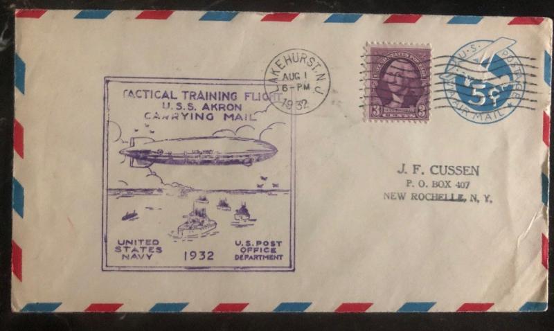 1932 Lake Hurst USA Cover USS Akron Zeppelin Training Flight Mail Carrying