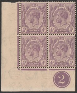 STRAITS SETTLEMENTS 1921 KGV 4c block with plate no 2, wmk script. MNH **. 