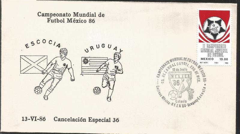 J) 1983 MEXICO, SCOTLAND-URUGUAY, BALL, SPECIAL CANCELLATION, II WORLD YOUTH FOO
