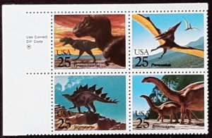 US Scott # 2422-2425; 25c Dinos block of 4 from 1989; MNH, og; VF/XF centering