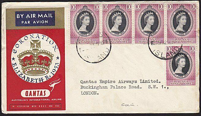 SINGAPORE USED IN COCOS 1953 Qantas flight cover to London.................68810