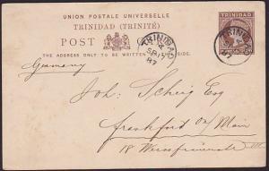 TRINIDAD 1887 QV 1½d postcard commercial use to Germany....................67587