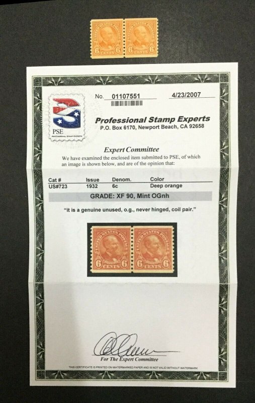 MOMEN: US STAMPS #723 COIL PAIR MINT OG NH **PSE GRADED 90** SMQ $75 LOT #34165