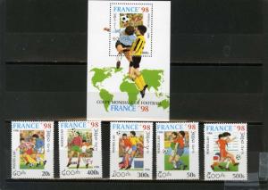 LAOS 1996 Sc#1268-1273 SOCCER WORLD CUP FRANCE SET OF 5 STAMPS & S/S MNH 