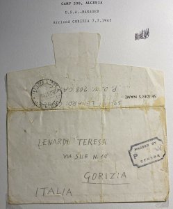 1945 Algeria Middle East Italian Prisoner Of War Camp 208 Letter Cover To Italy
