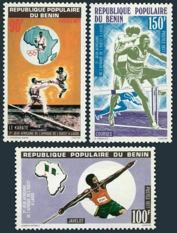 Benin 376-378,MNH.Mi 100-102. African Games,1977.Javelin,Karate,Hurdles,Map.