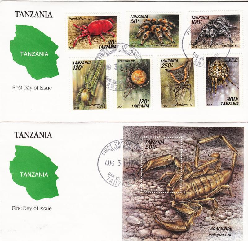 Spiders  - Tanzania - 1994 set of 7 + s/s on  2 fdc 