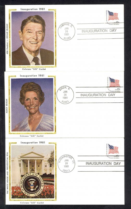 USA 1598 Colorano Silk FDC Set/3 (a) various postmarks 1981 Reagan Inauguration