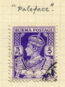 BURMA; 1938 GVI fine used MINOR PLATE FLAW VARIETY(Detailed in scan) on  3p.