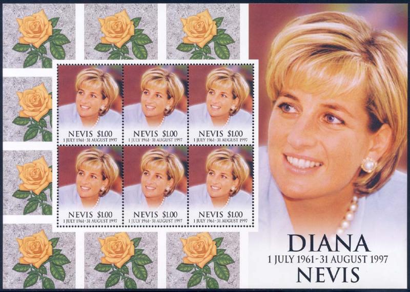 Nevis 1998 Sc 1096 Diana Princess of Wales MS/6 Stamp**