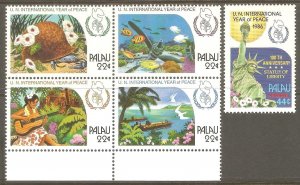 PALAU Sc# 112a C17 MNH FVF Set 4Block + 1 Year of Peace 1986 Marine Life Beach