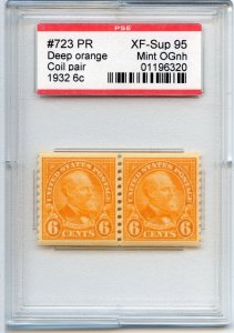 US SCOTT #723 PAIR MINT-XF-SUP-OG-NH GRADED 95 PSE ENCAPSULATED (9/16/24 GP)