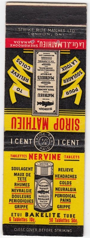 Canada Revenue 1/5¢ Excise Tax Matchbook NERVINE TABLETS/SIROP MATHIEU