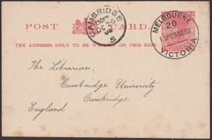 VICTORIA AUSTRALIA 1908 1d postcard used Melbourne to Cambridge UK..........Q724