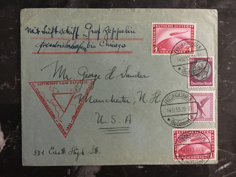 1933 Germany Graf Zeppelin Century of Progress Chicago Cover to Manchester NH