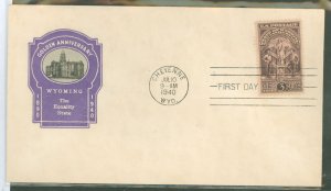 US 897 1940 3c Wyoming Statehood/50th Anniversary (single) on an unaddressed FDC with an loor cachet.