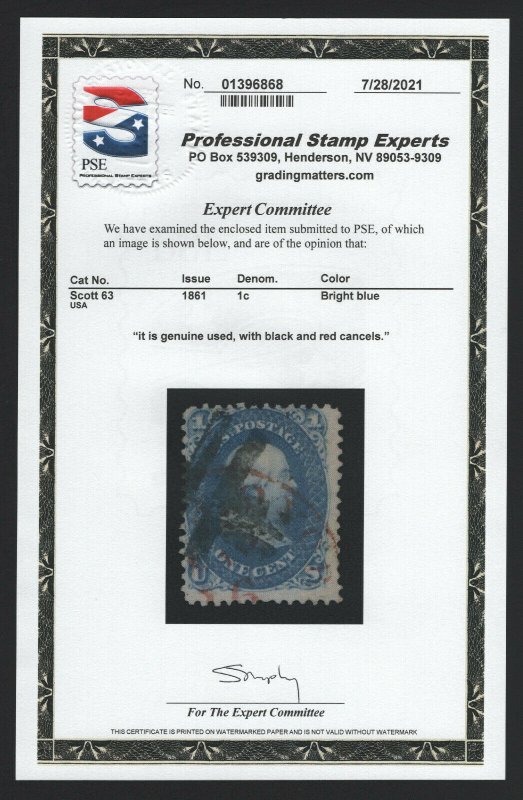 United States USED Scott Number 63 BRIGHT BLUE WITH PSE CERT RED CNCL  - BARNEYS