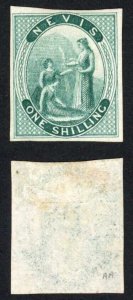 Nevis 1862 1/- blue-green imperf proof on thin wove paper by Nissen and Parker