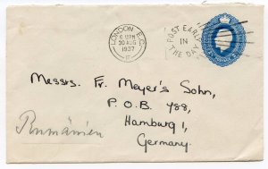 GB KGV 1937 2 1/2d Postal Stationery Envelope London to Germany/Post Early