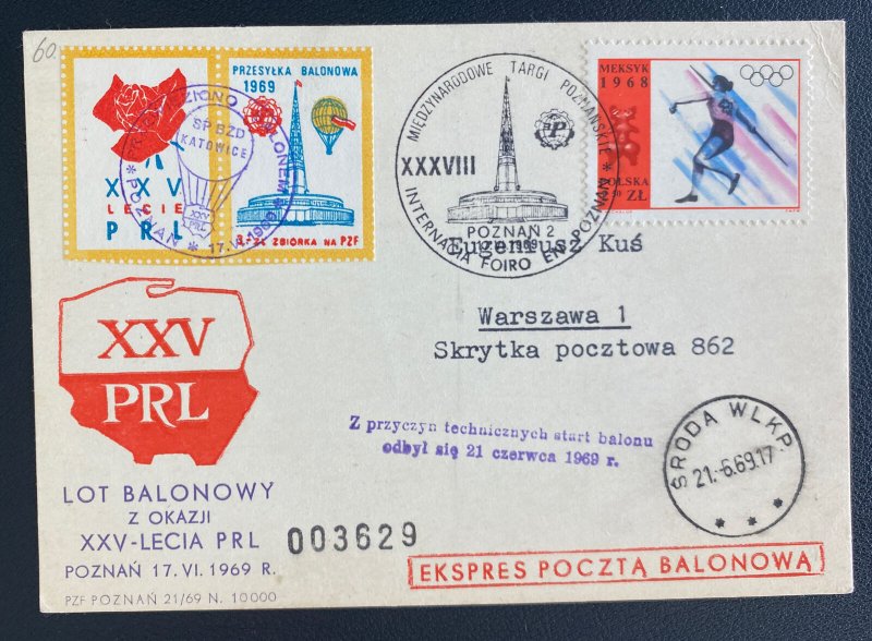 1963 Poznan Poland Balloon Flight Airmail Postcard Cover To Warsaw 25th Annivers