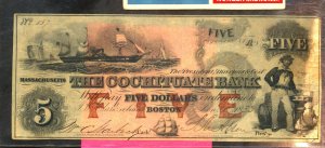 1853 $5 NOTE THE COCHITUATE BANK FVF